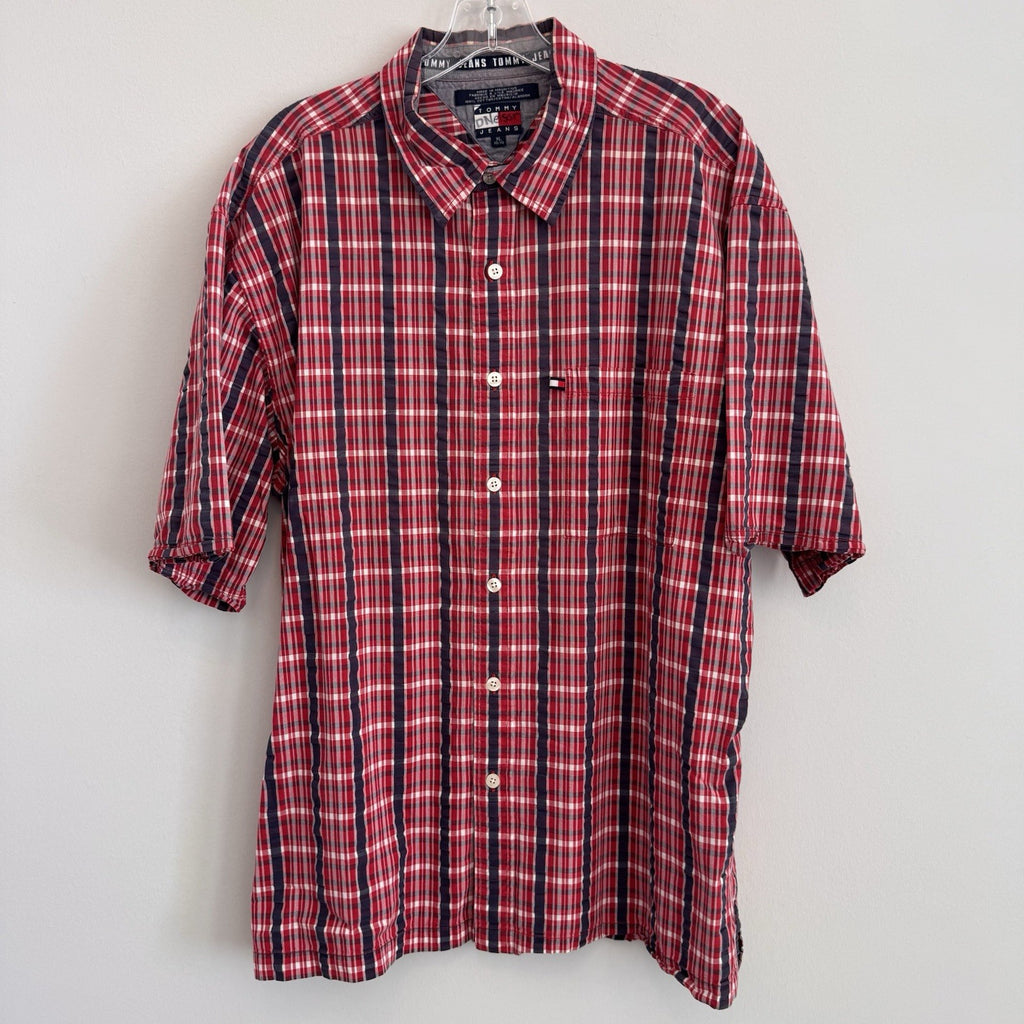 Vintage Tommy Jeans Shirt Mens XL Red Plaid Button Down Y2K Cotton Logo