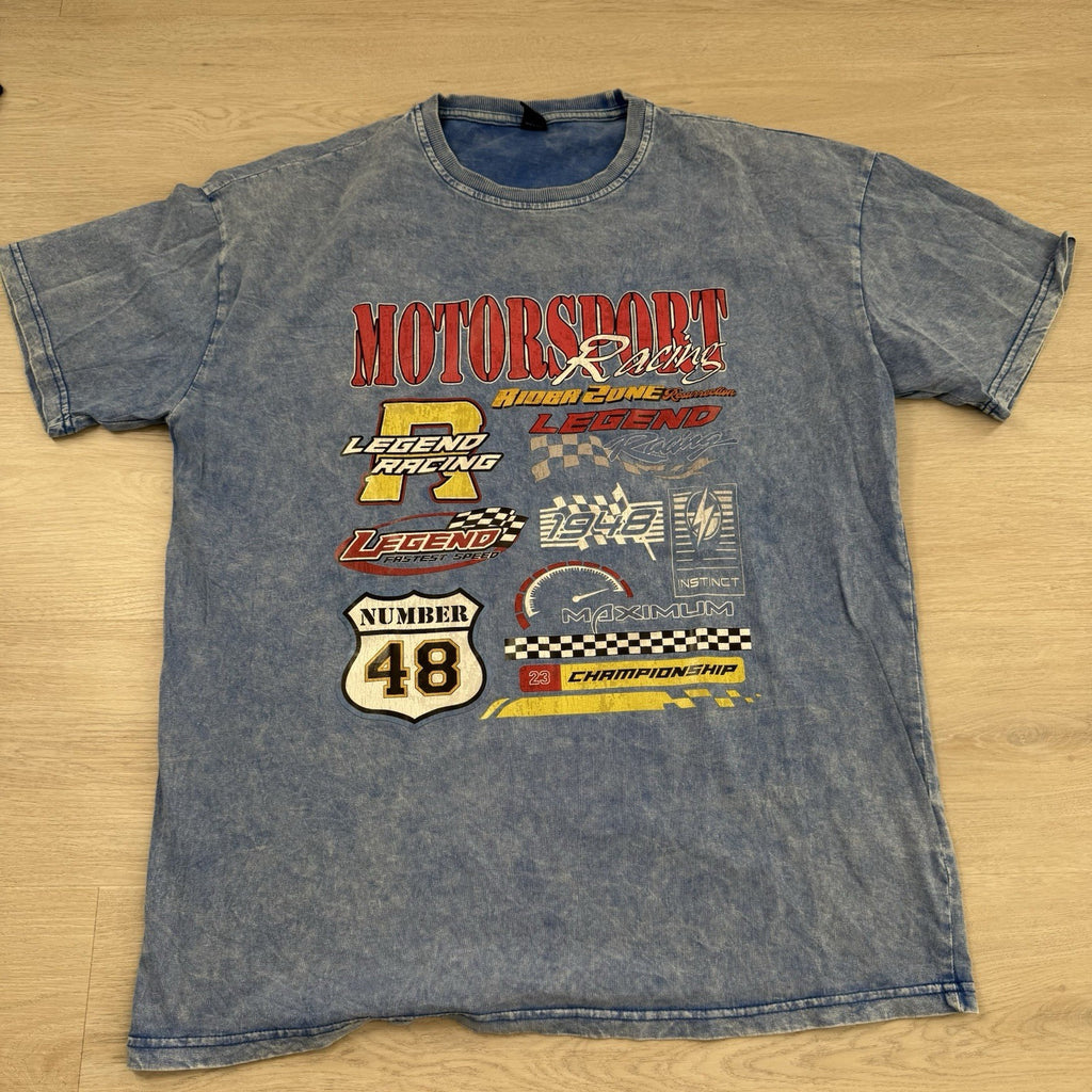 Motorsport Racing Graphic T-Shirt Men’s Large Blue Acid Wash Number 48 Tee