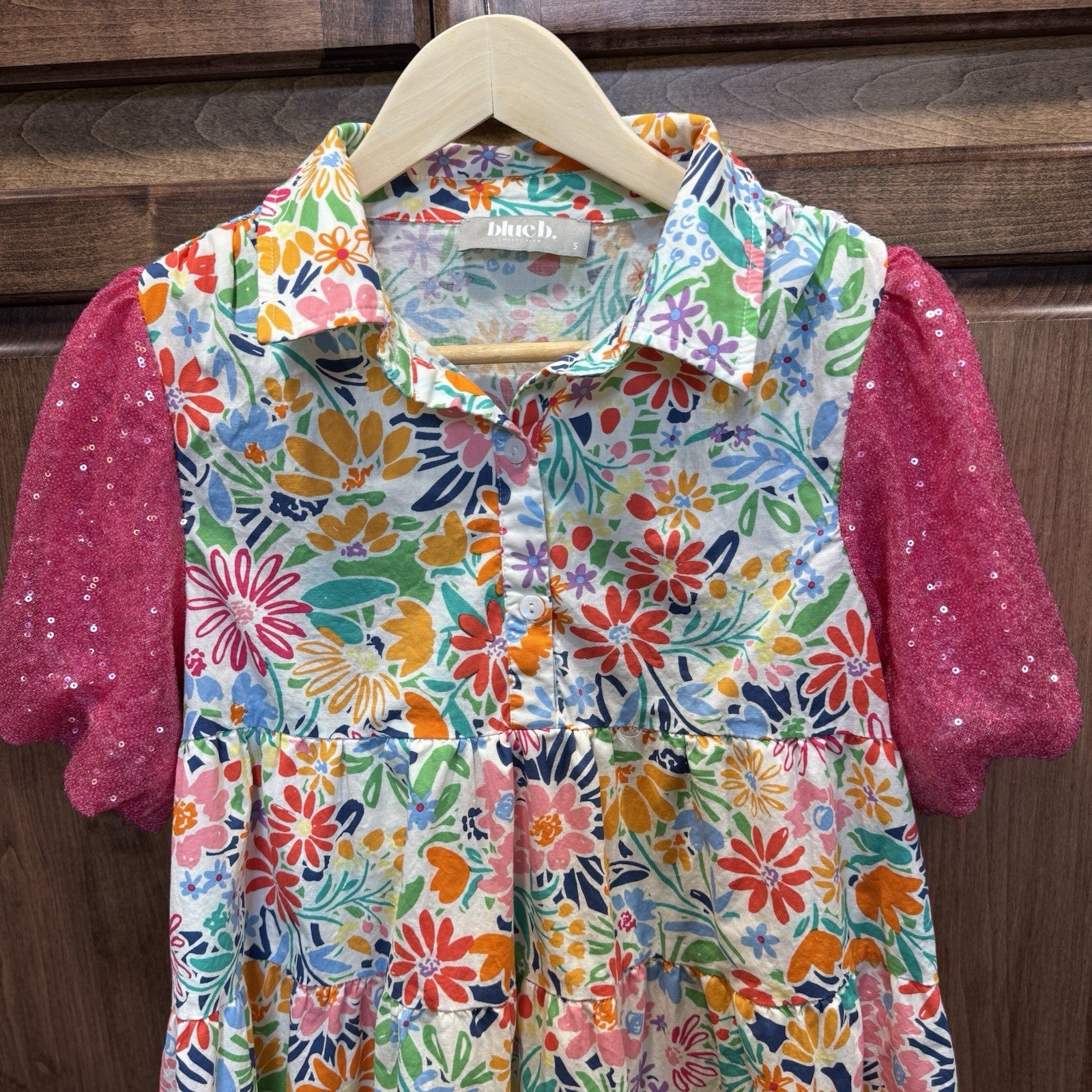 Blue B. Collection Floral Babydoll Dress Size S Colorful Puff Sleeve Sequin