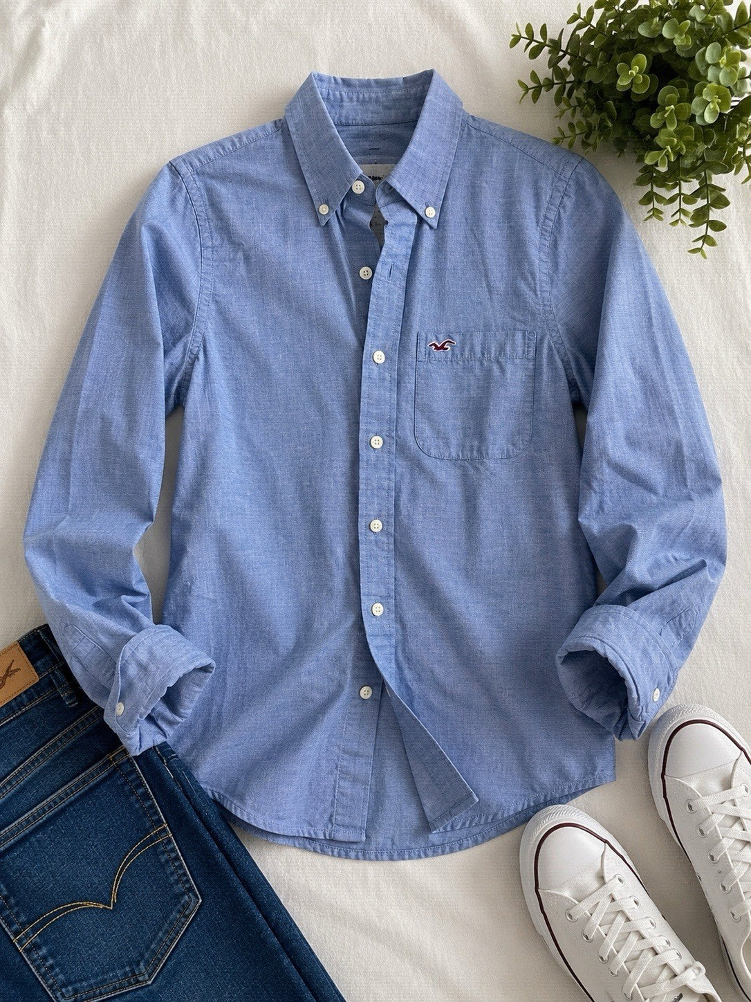 Hollister Mens Button Up Shirt Small Blue Oxford Cotton Casual Logo