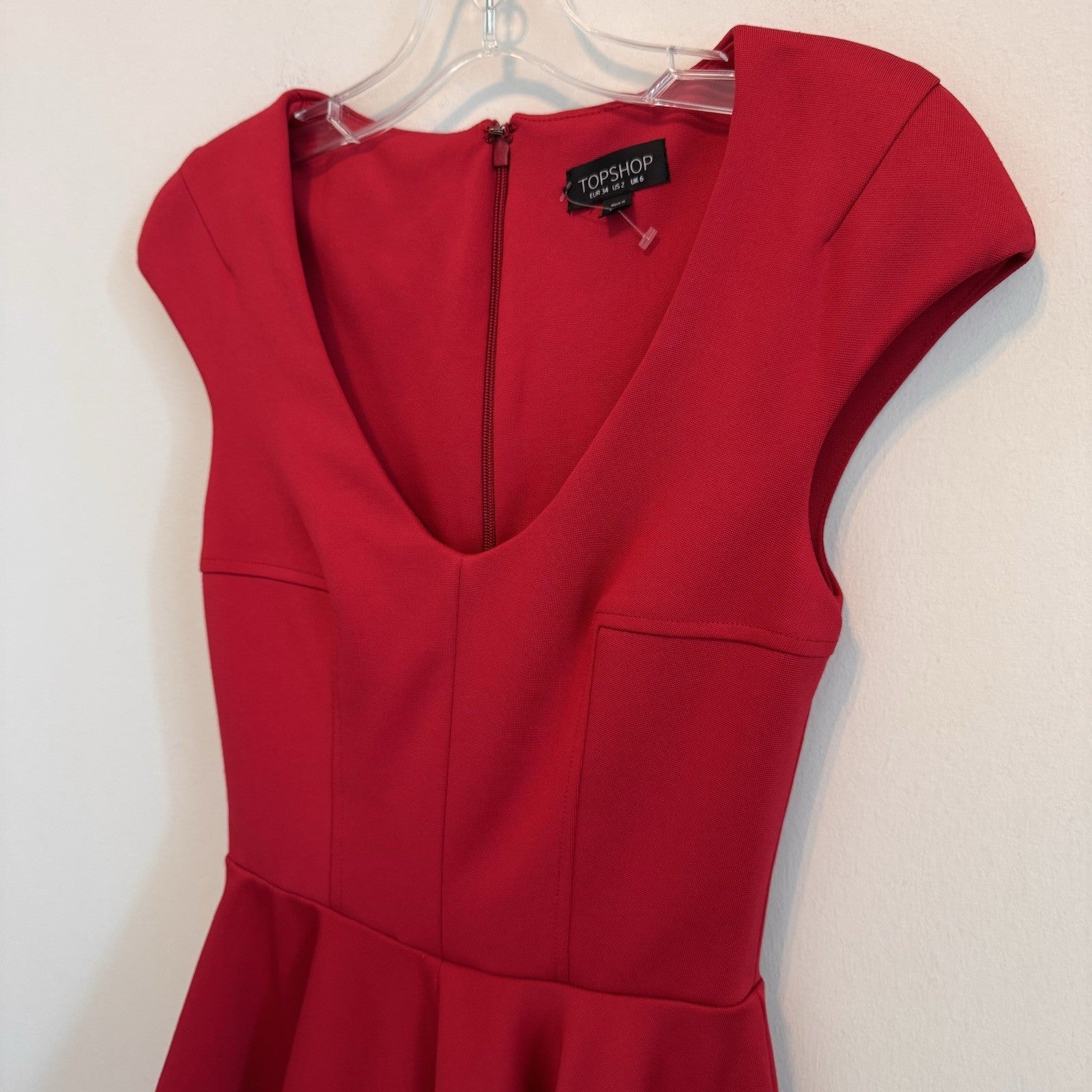 Topshop Womens US 2 Red V-Neck Fit & Flare Mini Skater Dress Cap Sleeve