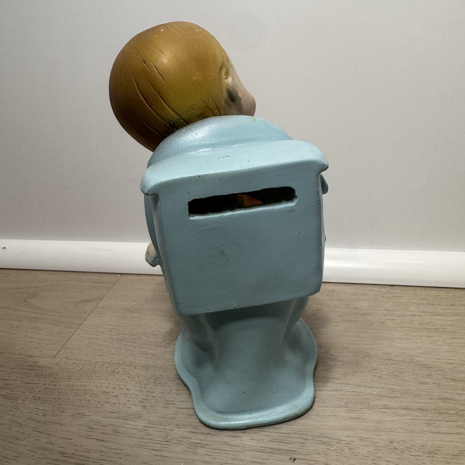 Vintage 1970s Potty Training Baby Coin Bank Kitsch Blue Toilet Chalkware MCM 6"