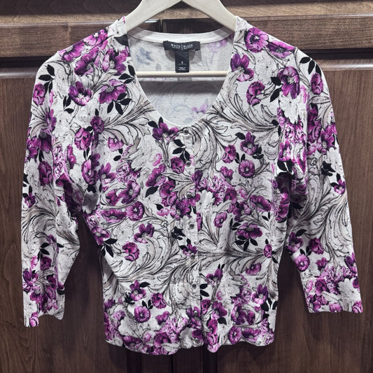 White House Black Market Cardigan S Pink Floral Button Front 3/4 Sleeve Ribbed