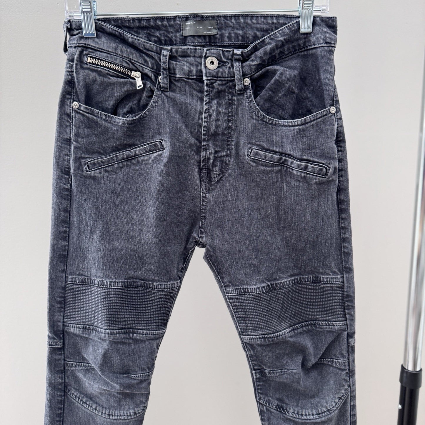 Zara Man Moto Jeans Size 38 (US 30) – Biker Slim Fit Distressed Gray Denim