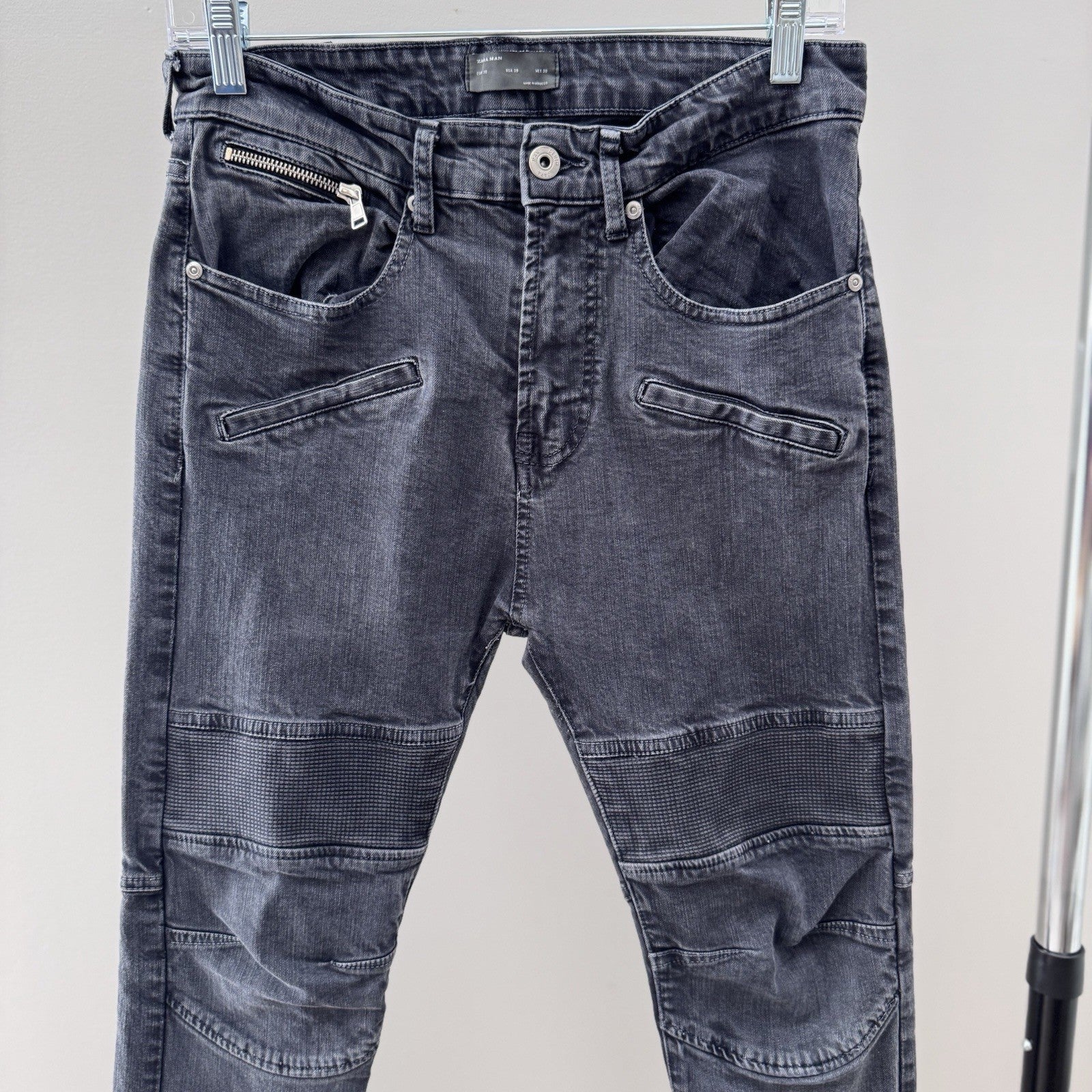 Zara Man Moto Jeans Size 38 (US 30) – Biker Slim Fit Distressed Gray Denim