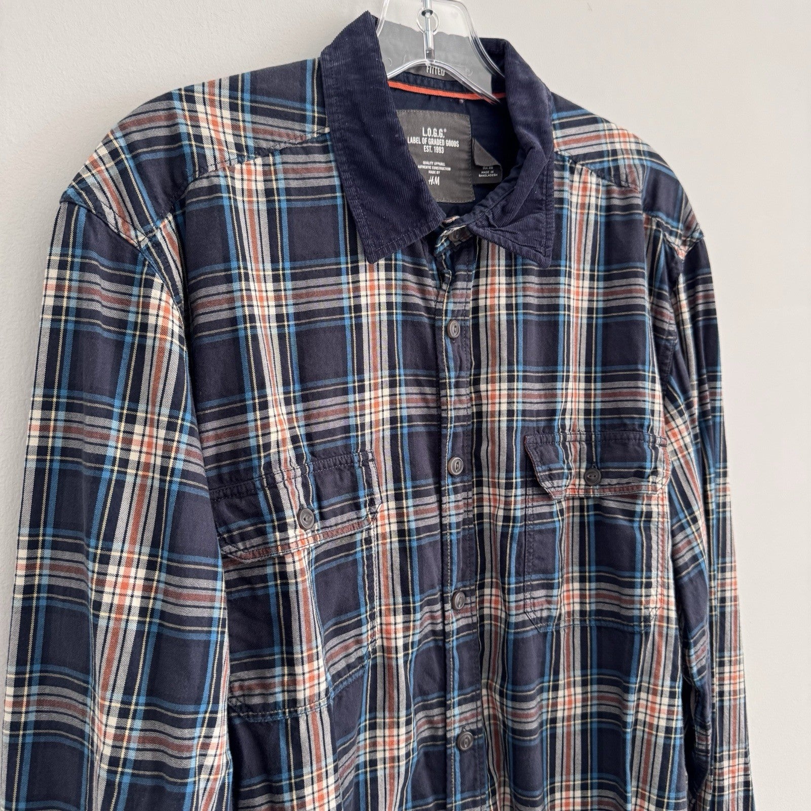 H&M L.O.G.G Mens XL Plaid Flannel Shirt Blue Corduroy Collar