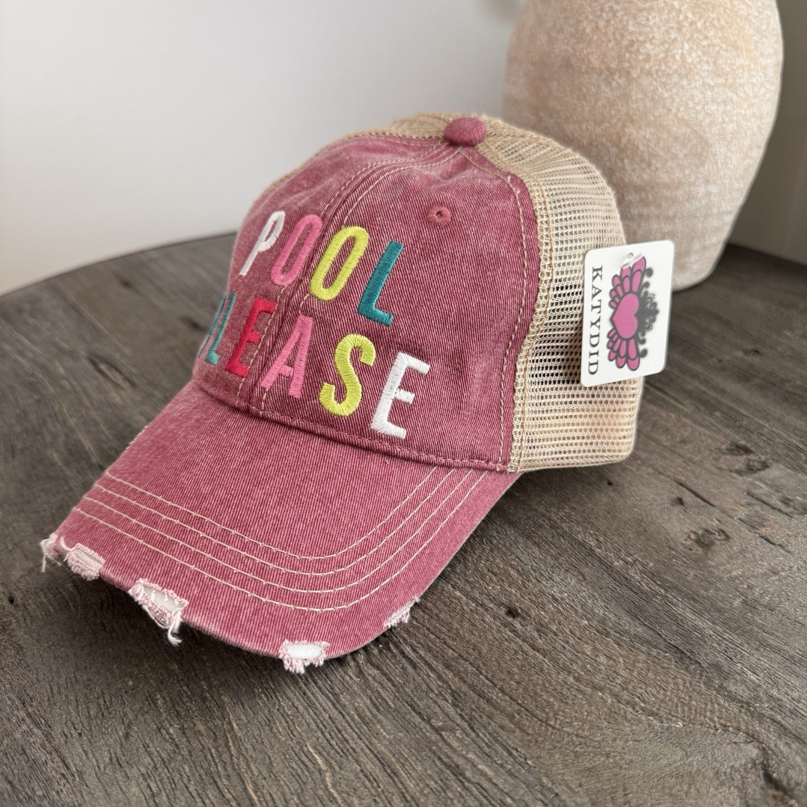 Pool Please Hat KatyDid Pink Trucker Distressed Mesh Snapback Cap NWT Boutique