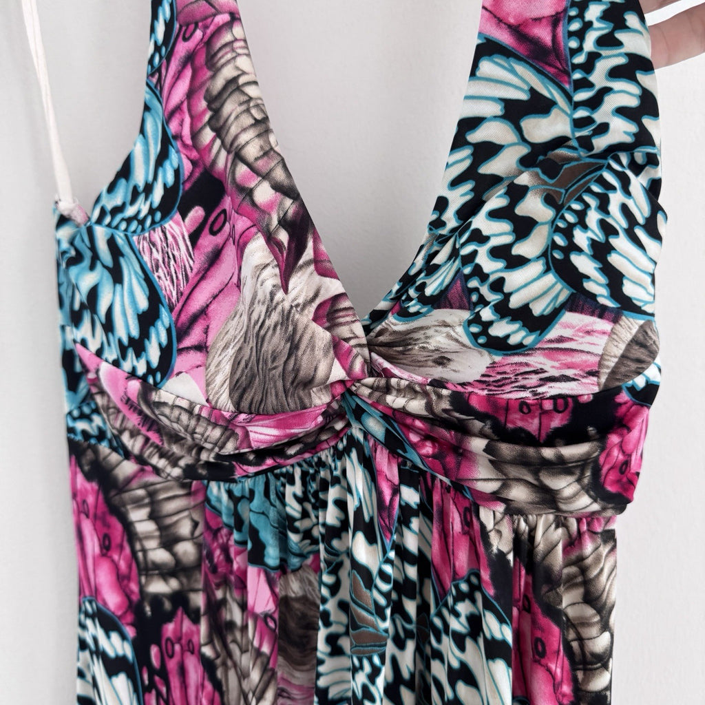Body Central Y2K Butterfly Halter Maxi Dress Pink Teal M