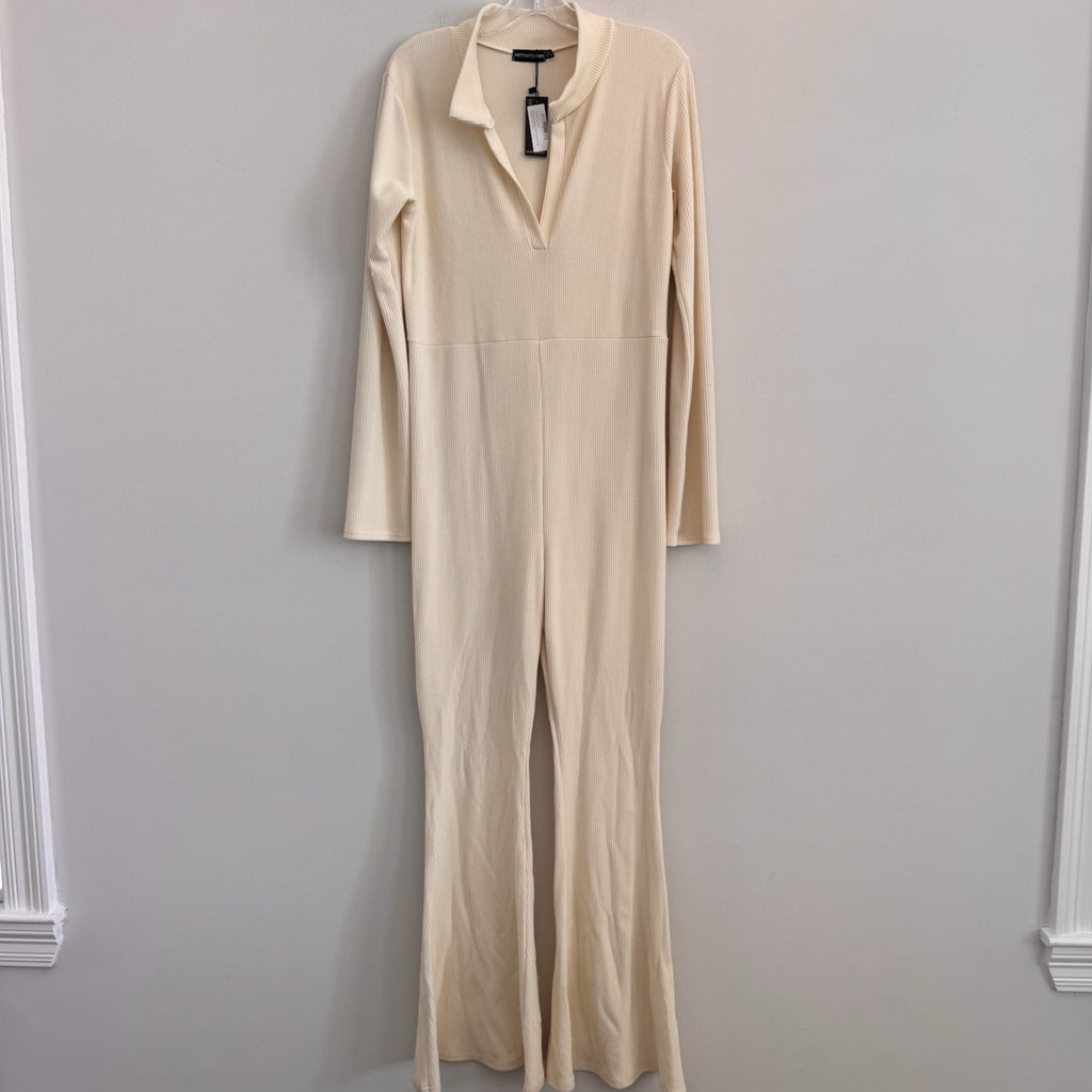 PrettyLittleThing Maternity Cream Rib Collar Flare Jumpsuit US 12 NWT