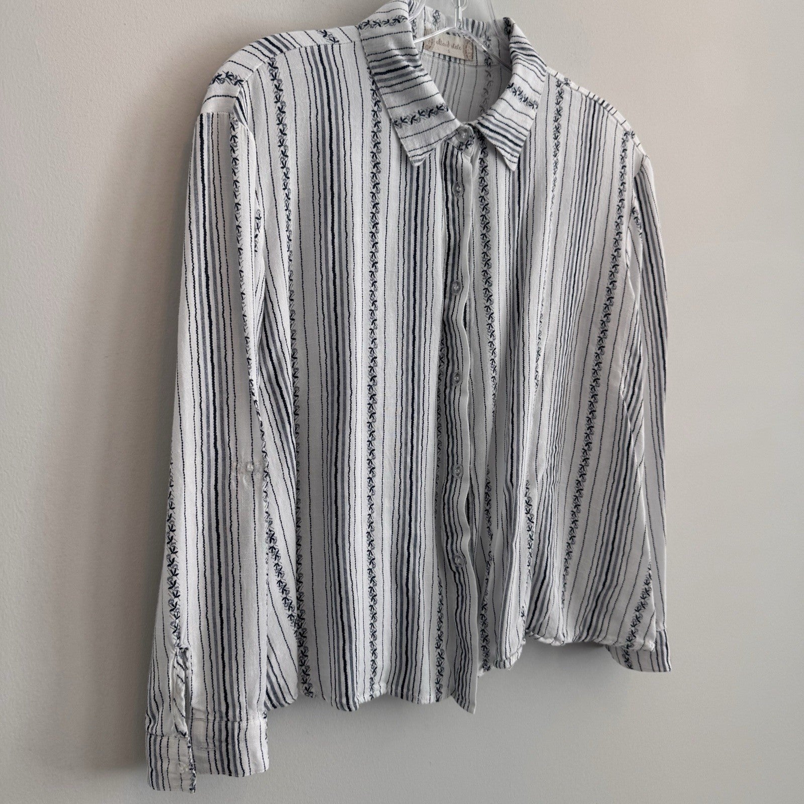 Altar'd State Cotton Linen Striped Button Down Shirt S White Blue Boho Women’s
