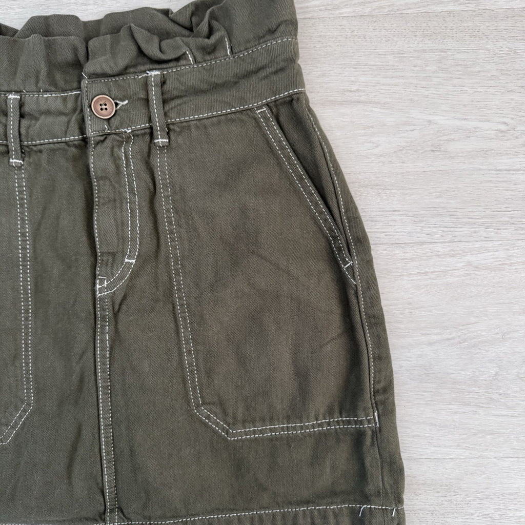 Free People Skirt Womens 4 Olive Green Paperbag Waist Denim Mini Boho