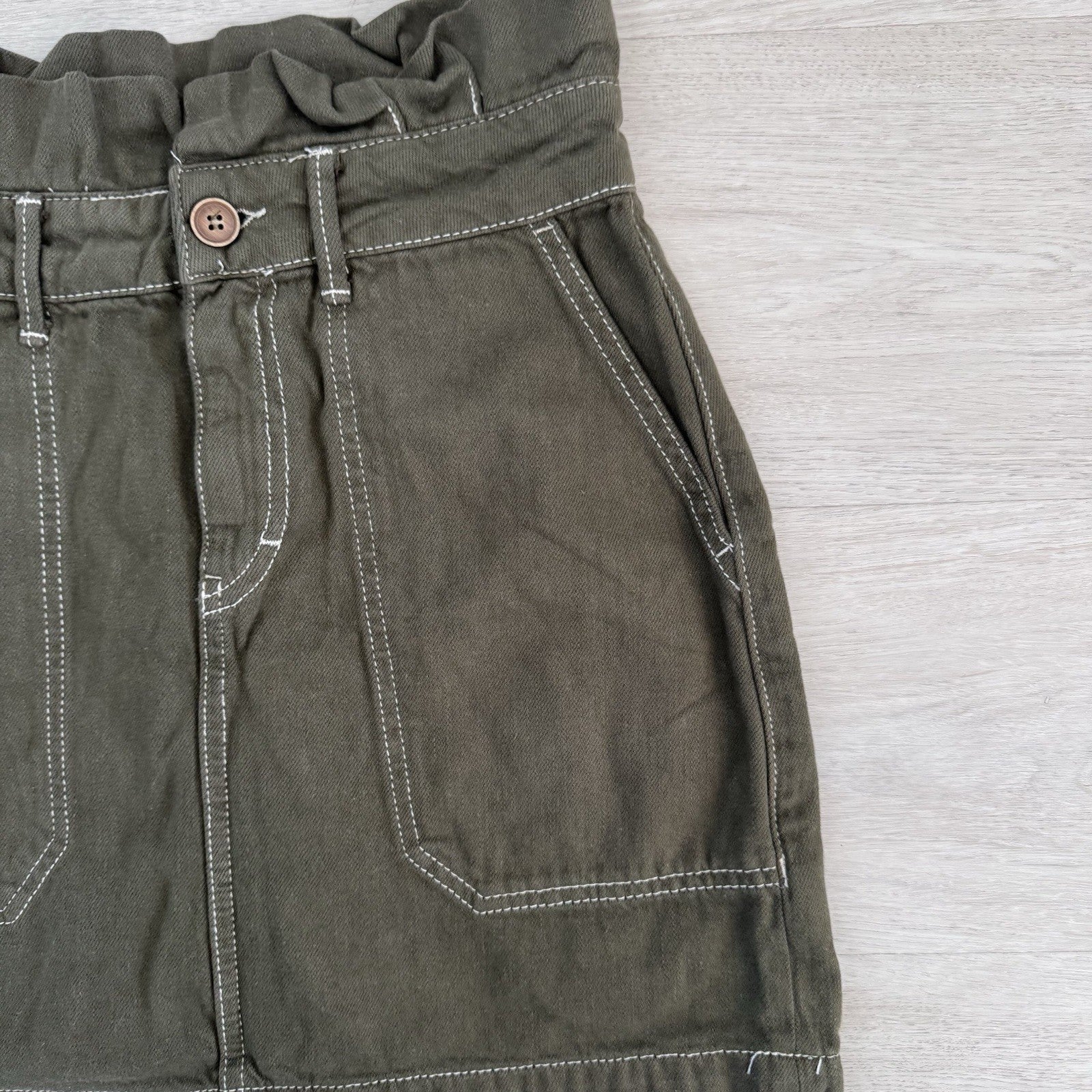 Free People Skirt Womens 4 Olive Green Paperbag Waist Denim Mini Boho