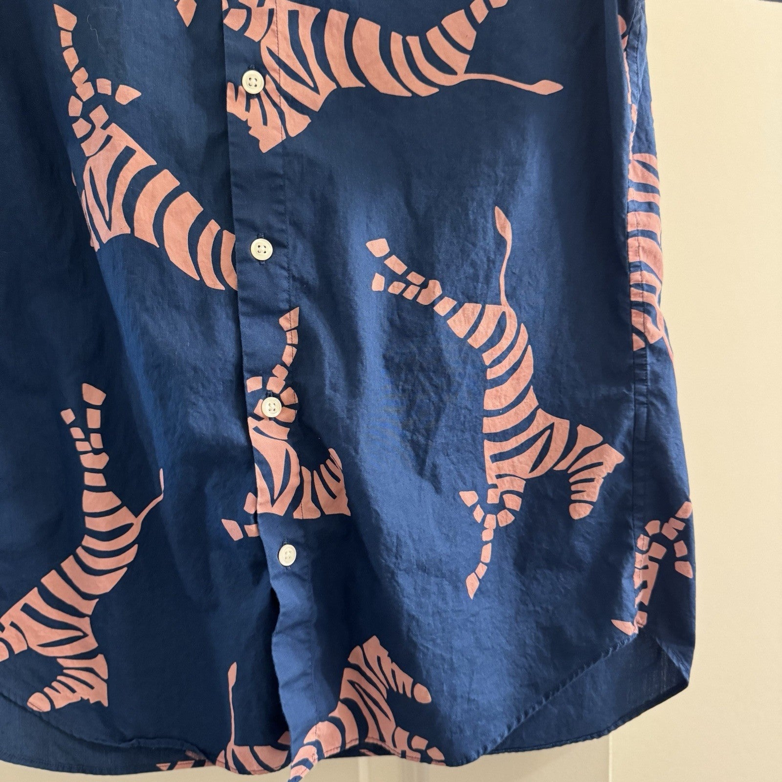 Bonobos Mens Slim Fit Shirt M Navy Pink Zebra Print Short Sleeve Cotton