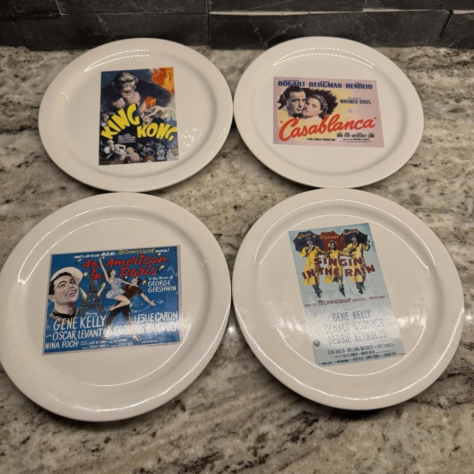 POTTERY BARN Ceramic Plates Set of 4 HOLLYWOOD Classic Movies tcm 8" Diameter
