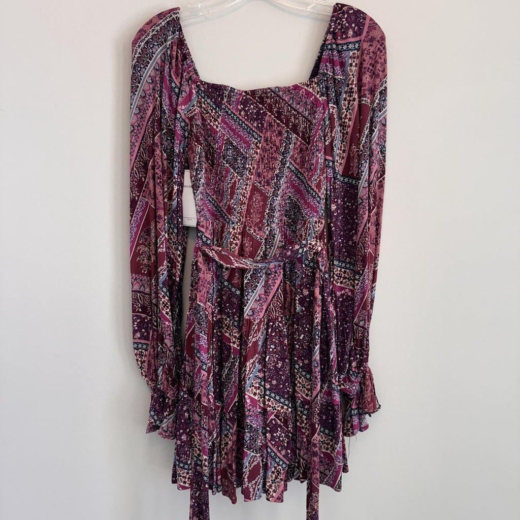 NWT Aura Shop Red Dress XS Purple Boho Patchwork Smocked Long Sleeve Mini Dress