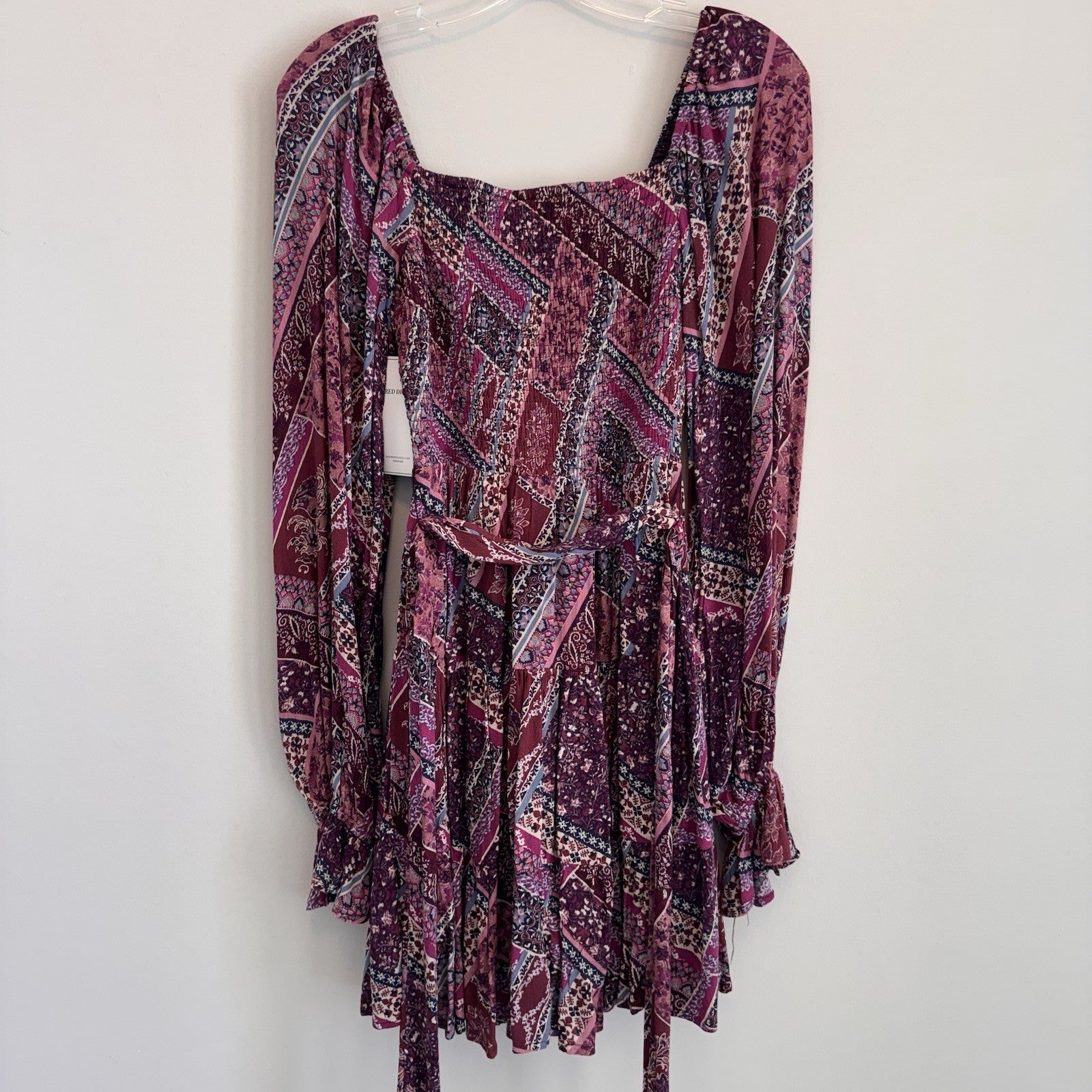 NWT Aura Shop Red Dress XS Purple Boho Patchwork Smocked Long Sleeve Mini Dress