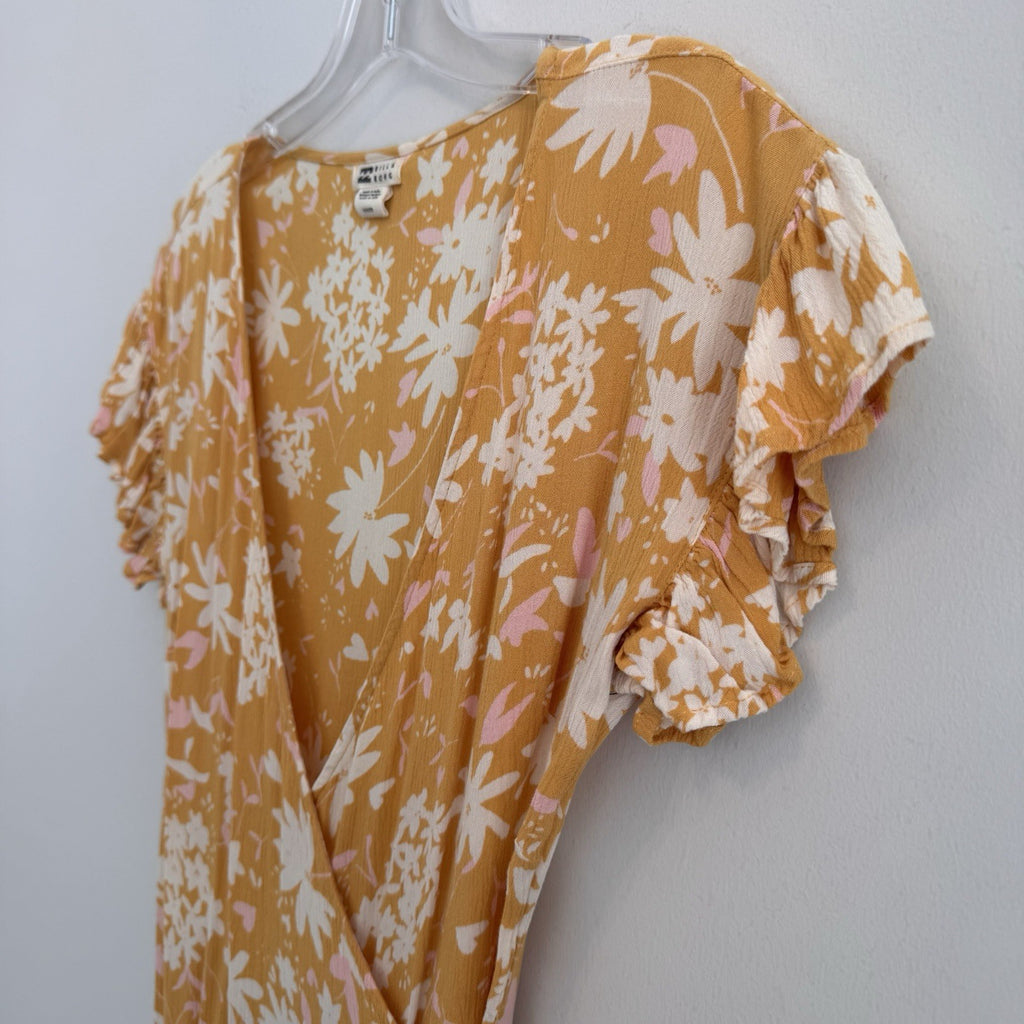 BILLABONG Wrap & Roll Mini Dress Sz S Yellow Floral VNeck Flutter Sleeve Women’s