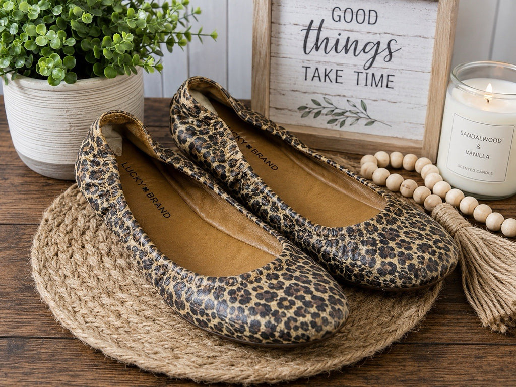 Lucky Brand Emmie Leopard Ballet Flats Women’s 10M Leather Slip On Shoes