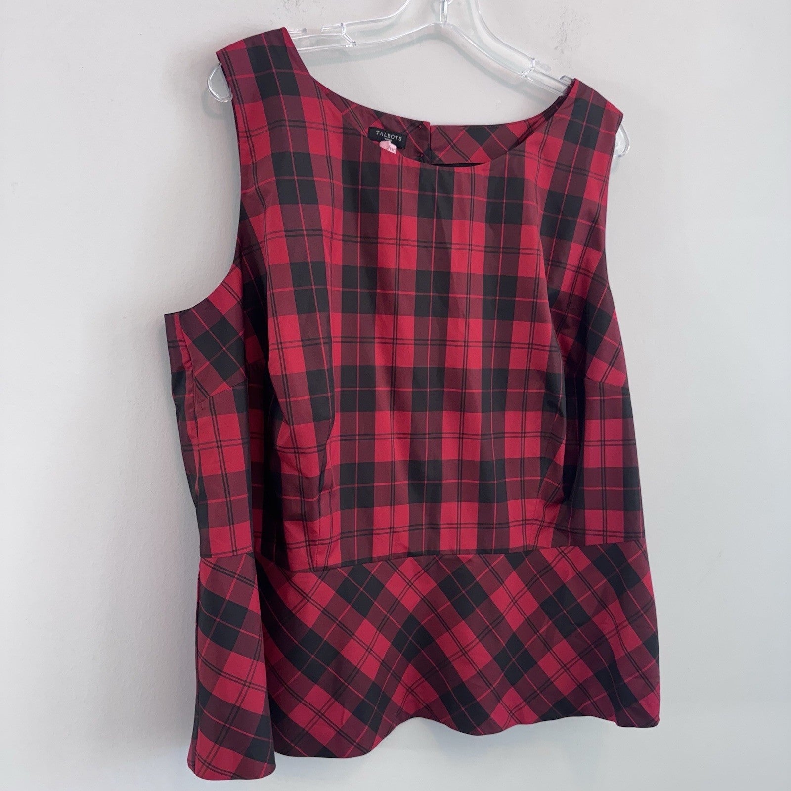 Talbots Woman 18W Red Black Plaid Peplum Sleeveless Blouse Top