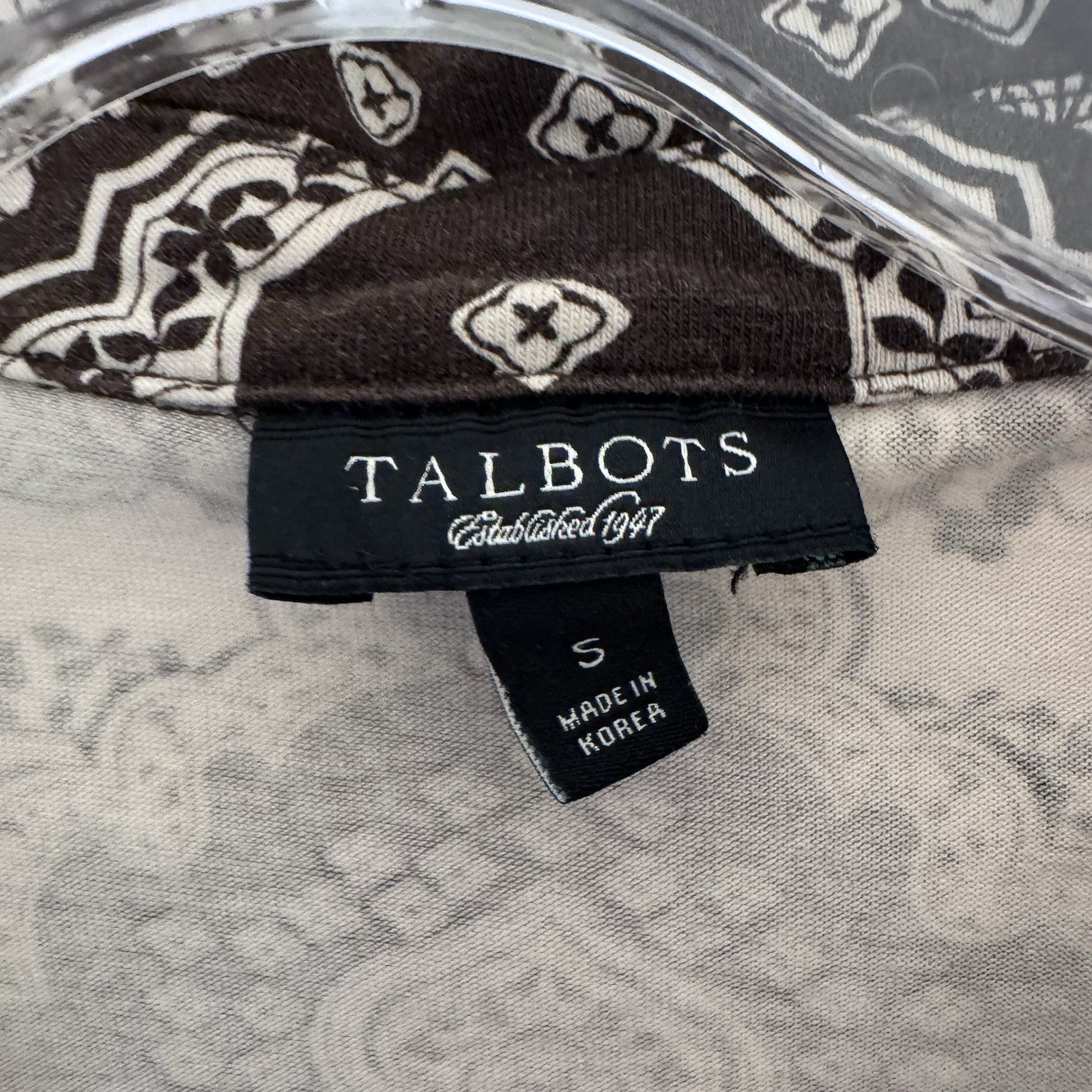 Talbots Womens Small Brown Paisley Print Tunic Top 3/4 Sleeve Cotton Stretch