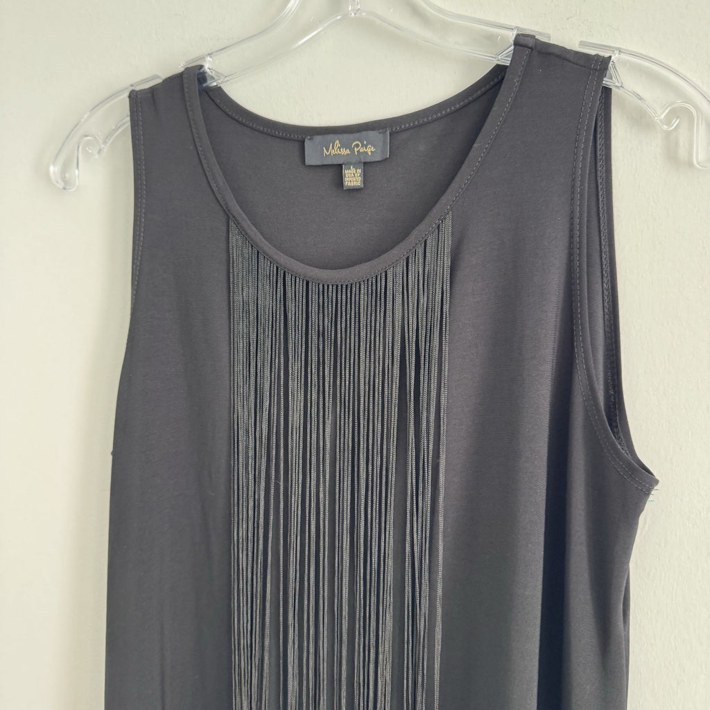 Melissa Paige Fringe Tunic Top L Black Sleeveless Boho Western