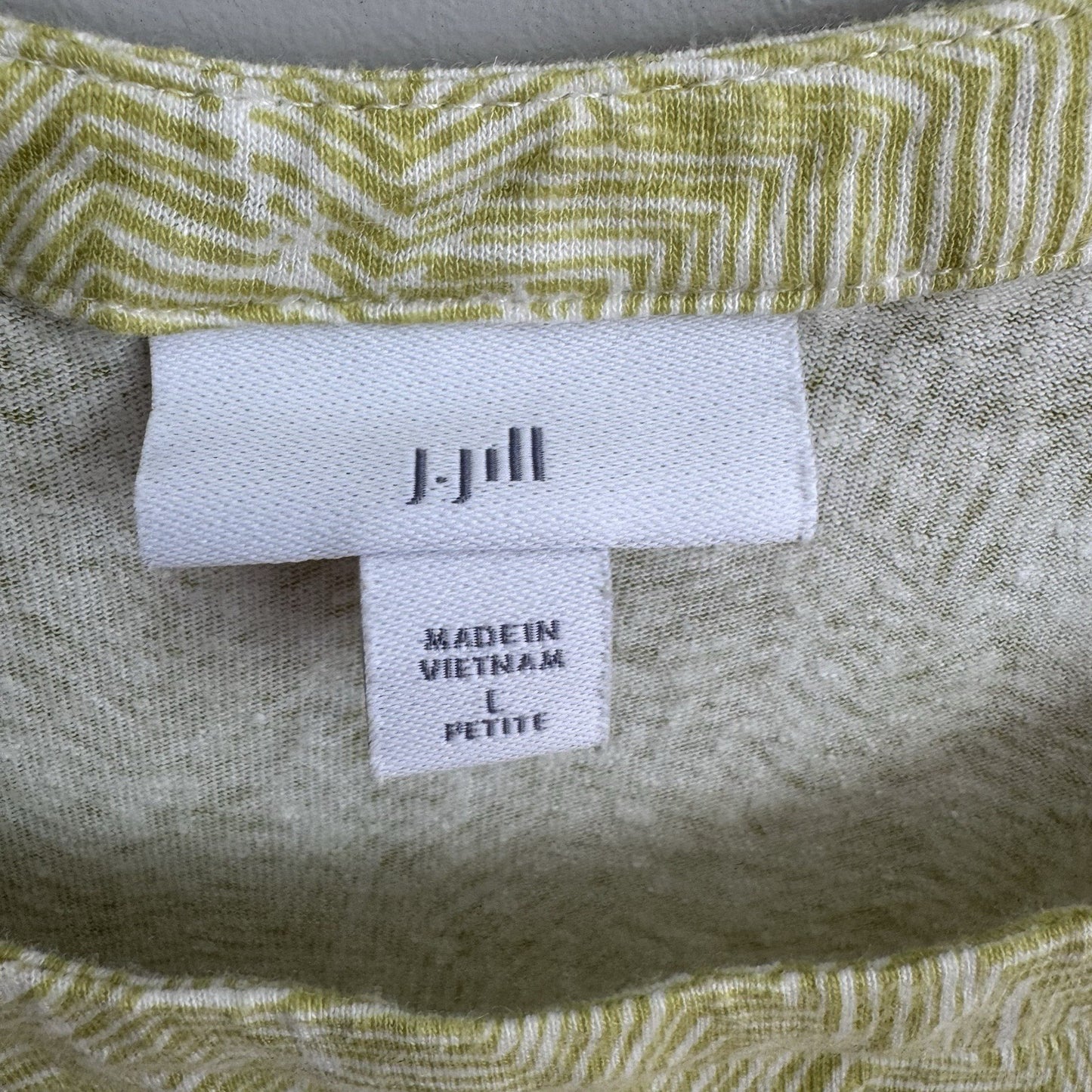 J.Jill Linen Blend Top L Petite Green White Geometric Print 3/4 Sleeve
