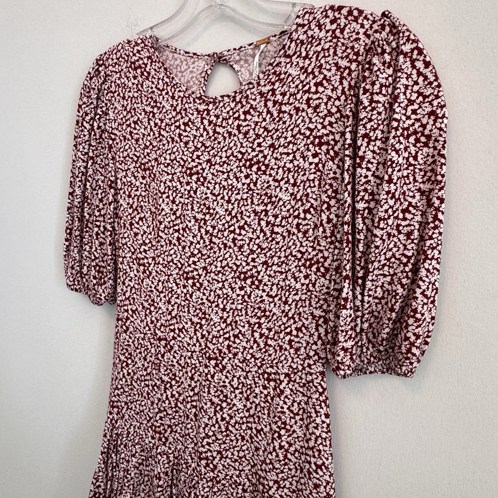Free People XS Red White Floral Open Back Puff Sleeve Mini Dress Viscose Womens