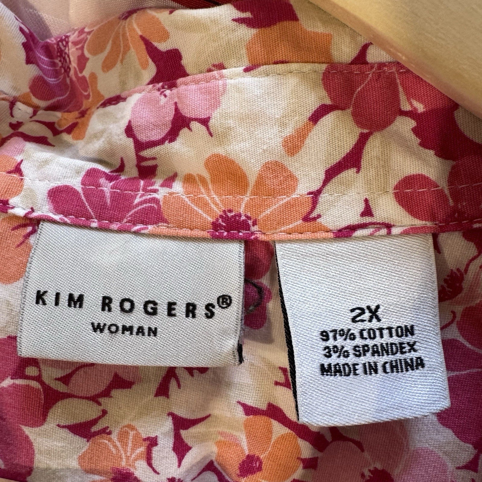Kim Rogers Woman 2X Floral Button-Up Shirt Pink Orange White Cotton