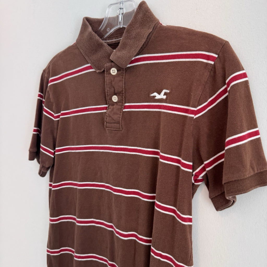 Y2K Hollister Polo Shirt Brown Red Stripe Logo Cotton Preppy Mens Small 