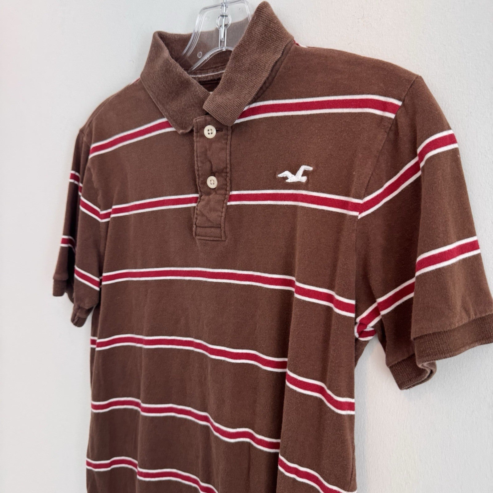Y2K Hollister Polo Shirt Brown Red Stripe Logo Cotton Preppy Mens Small 