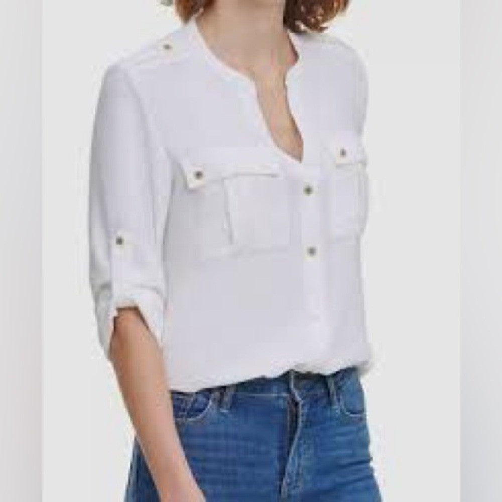 Calvin Klein White Textured Utility Blouse - Size Small