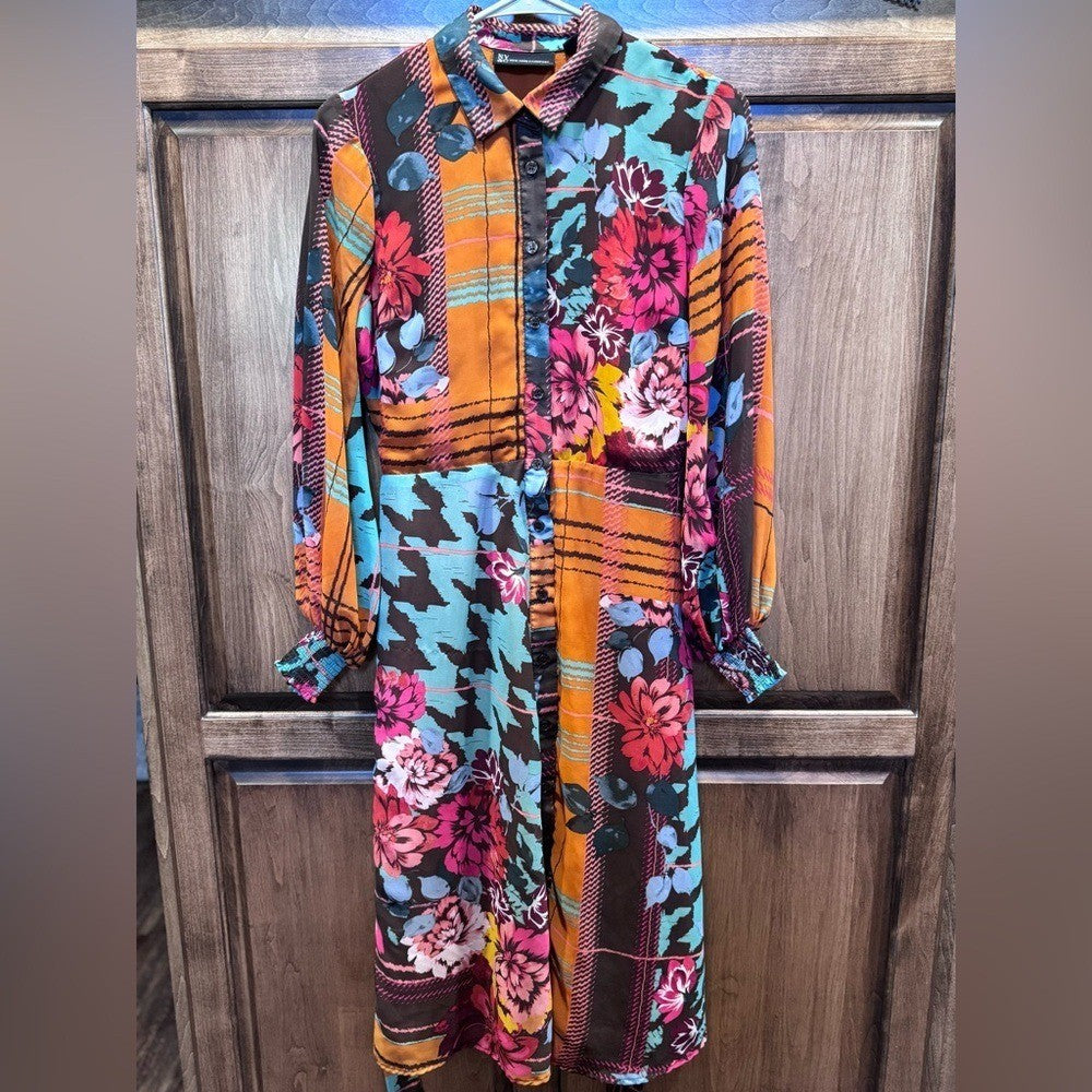 New York & Co. Shirt Style Patchwork Mix Print Dress Women's Size XS