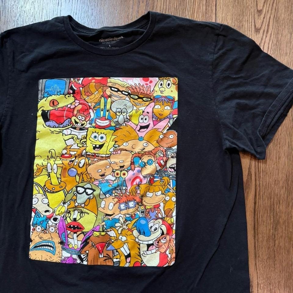 Y2K Nickelodeon Cartoon Collage Tee – Large – 90s/00s Nostalgia Vibes