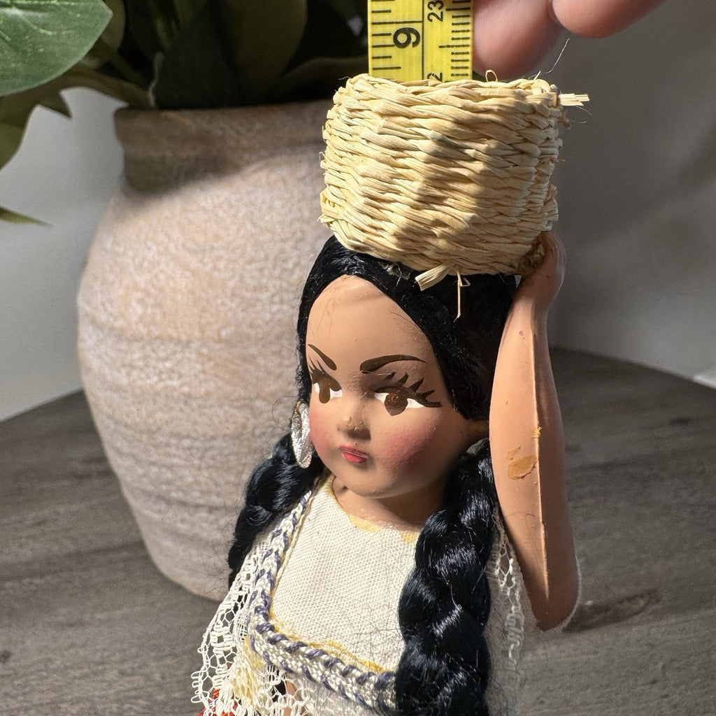 Vintage Venezuela Folk Art Doll Hand Painted 9" Souvenir Basket Wooden Base