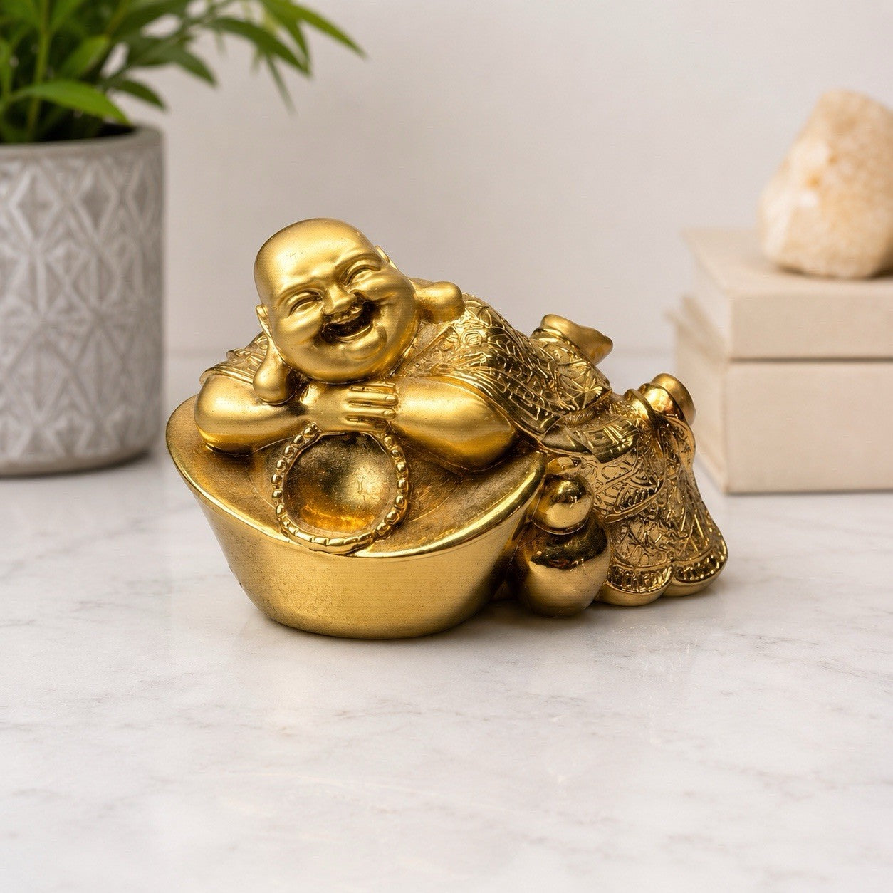 Vintage Gold Laughing Buddha Figurine Statue Feng Shui Lucky Decor Miniature VTG