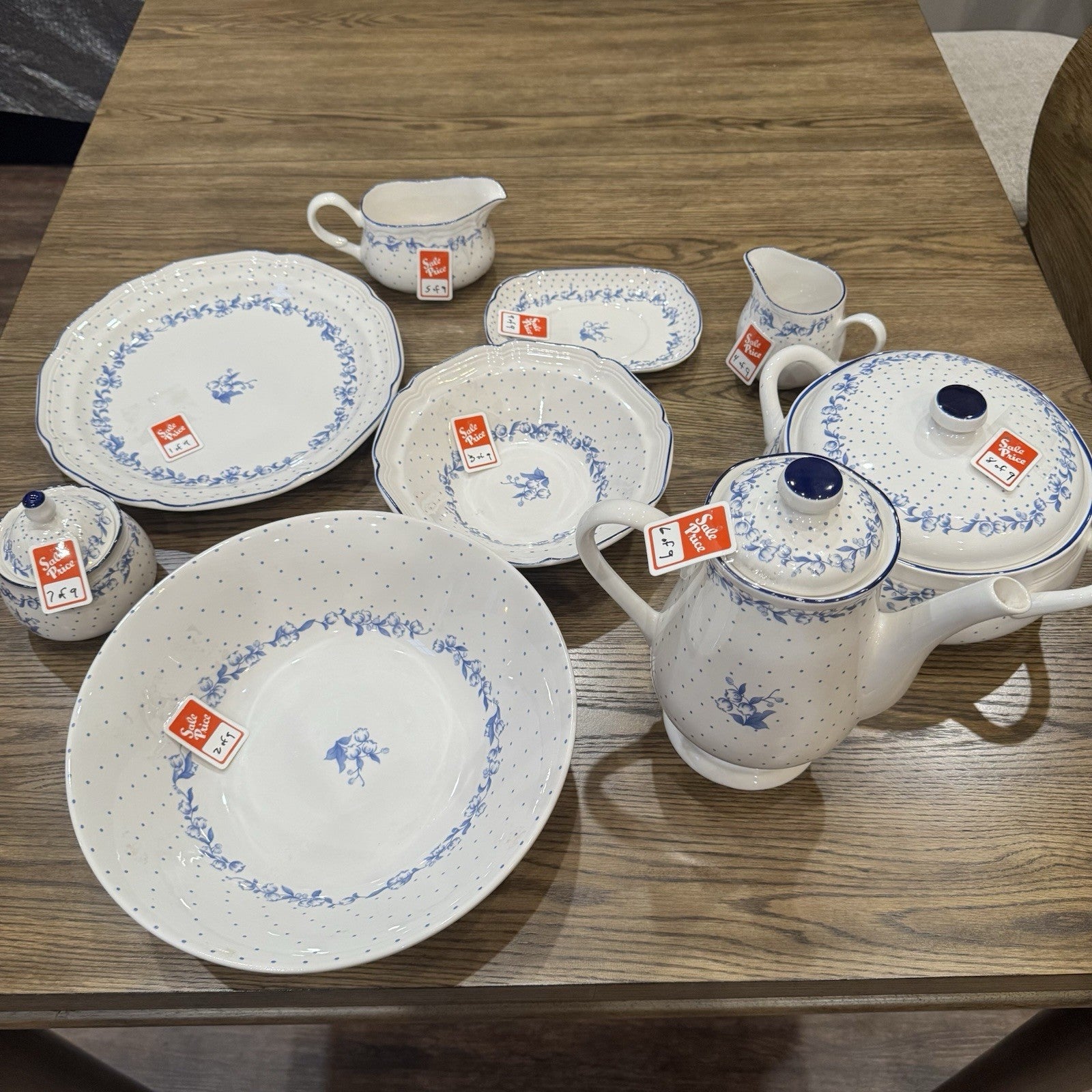 Stanhome China Co. REBECCA  "Blue Florals” Dinner Set- Plate Bowl Shaker Tea Pot