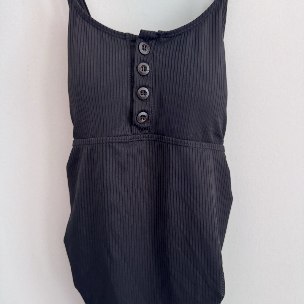Summer Mae Black Ribbed Maternity One-Piece Swimsuit Button Front V-Neck Medium