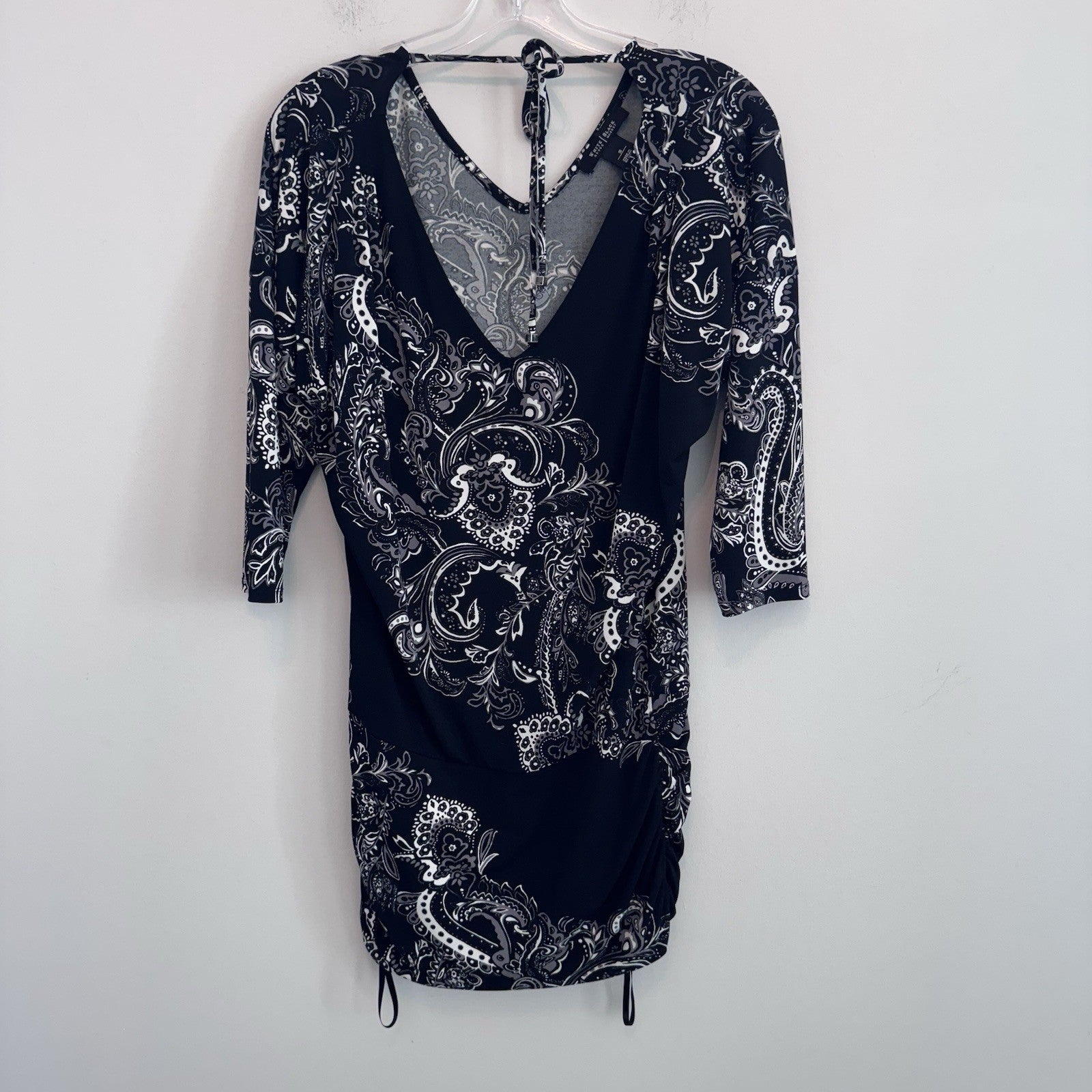 White House Black Market Dress Size S Black Paisley Ruched Sheath Midi Stretch