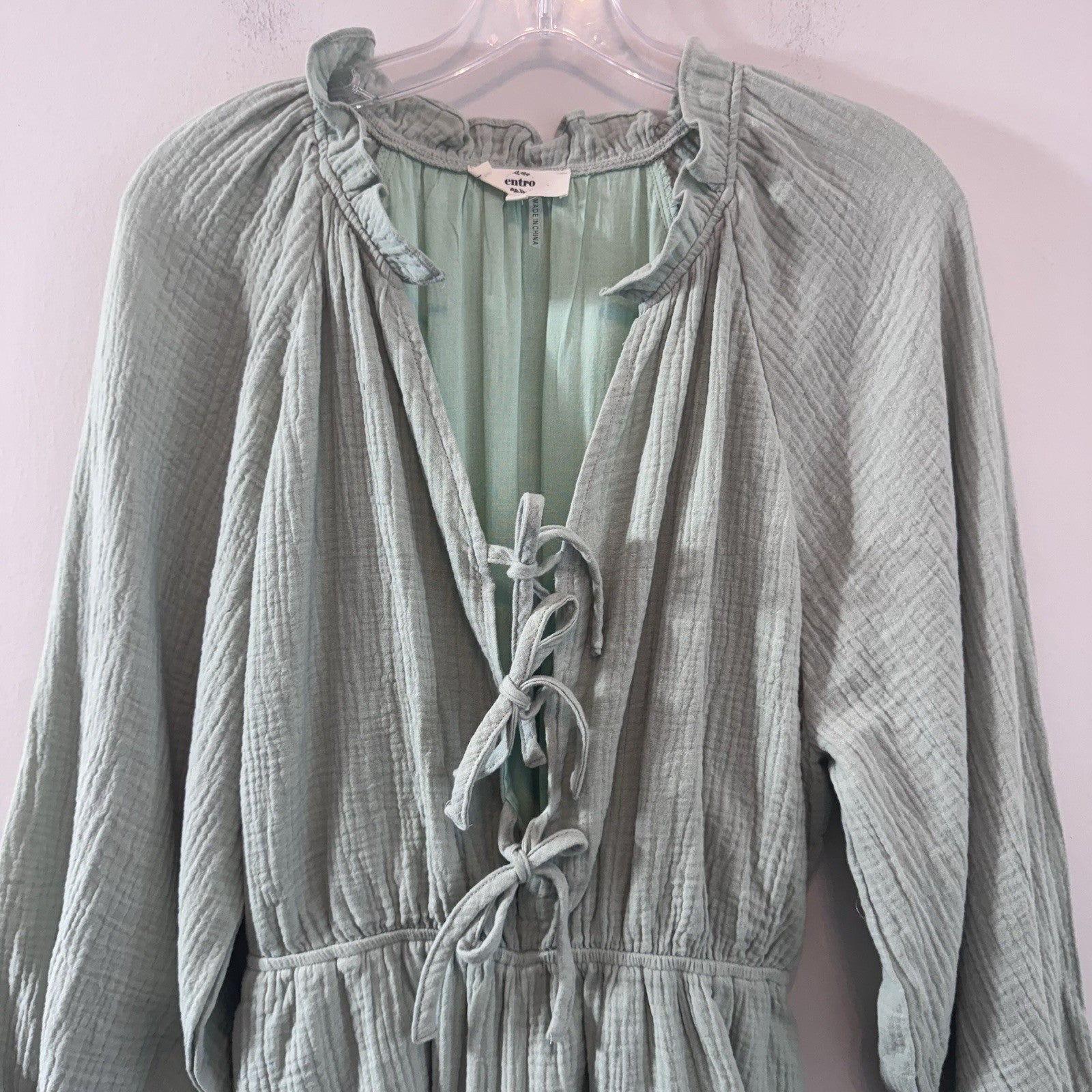 Entro Mint Gauze Romper Dress M Boho Tie Front Tiered Cotton