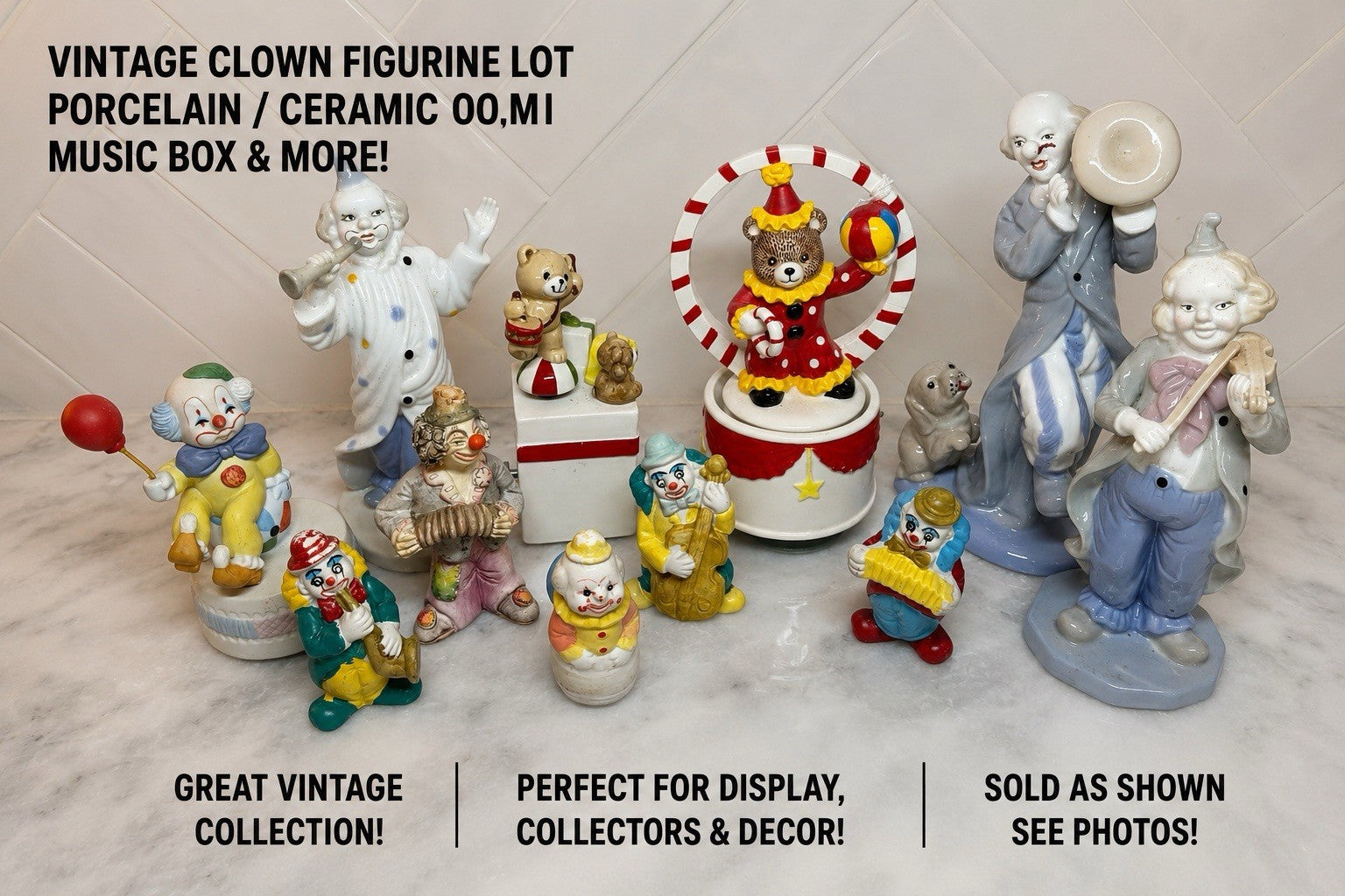vintage Clown Figurine Lot Porcelain Music Box Circus Band Ceramic Decor