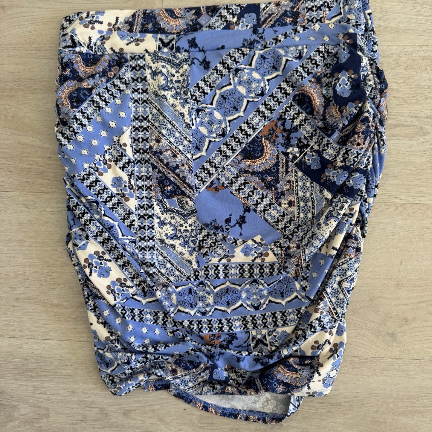 Free People Blue Patchwork Ruched Skirt Womens Medium Boho She’s Something Else