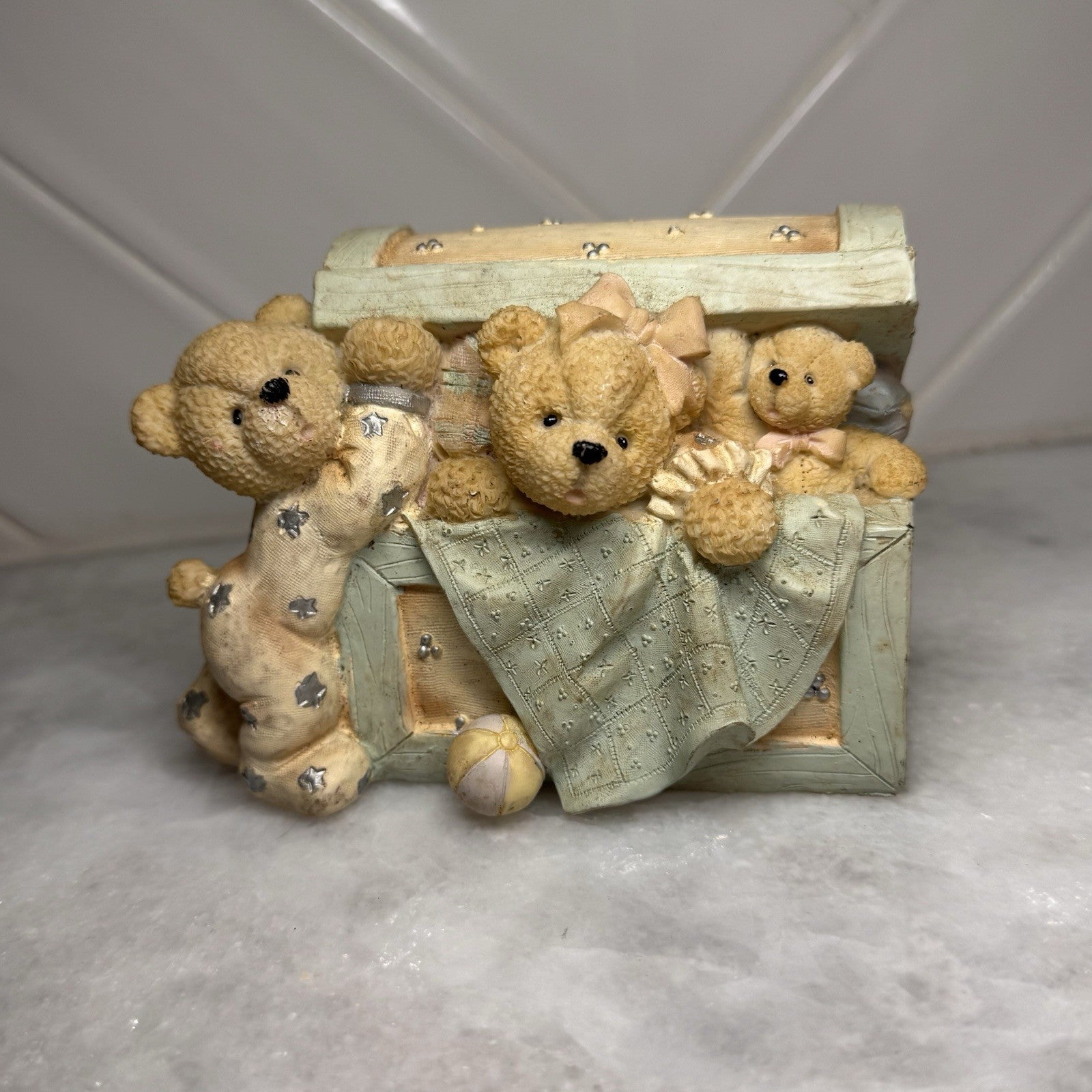 Vintage Teddy Bear Toy Chest Coin Bank Nursery Decor Resin Y2K