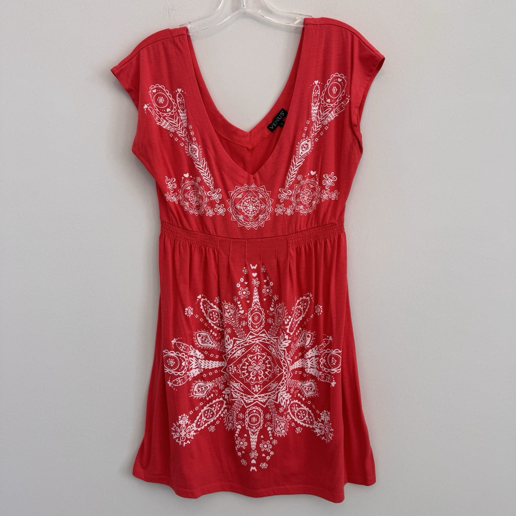 Venus Women's Large Coral Medallion Graphic V-Neck Empire Waist Mini Dress Boho