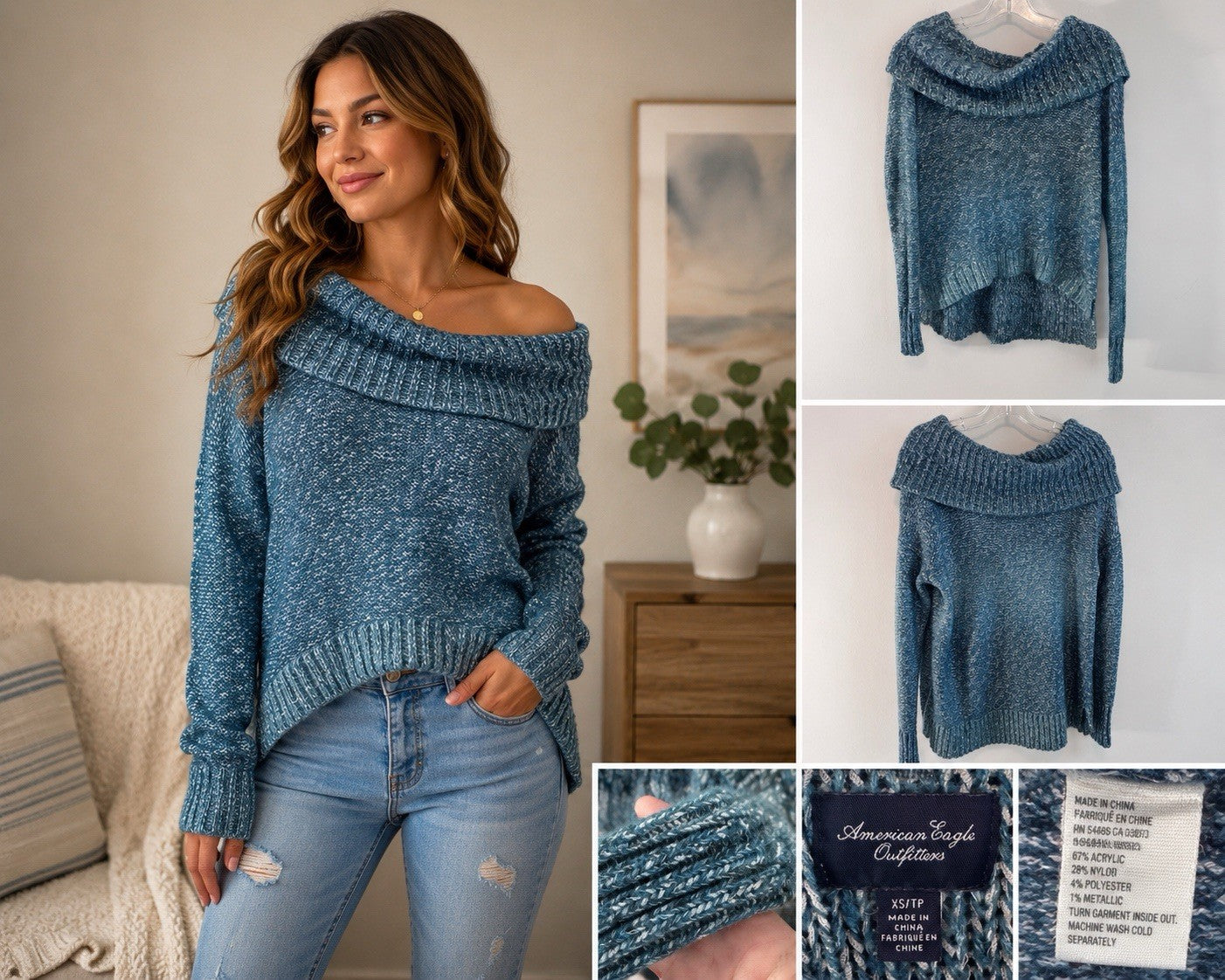 American Eagle XS Blue Marled Cowl Neck Sweater Metallic Cozy Boho