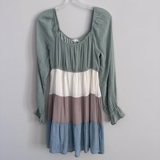Blu Pepper Colorblock Tiered Mini Dress Large Long Sleeve Boho