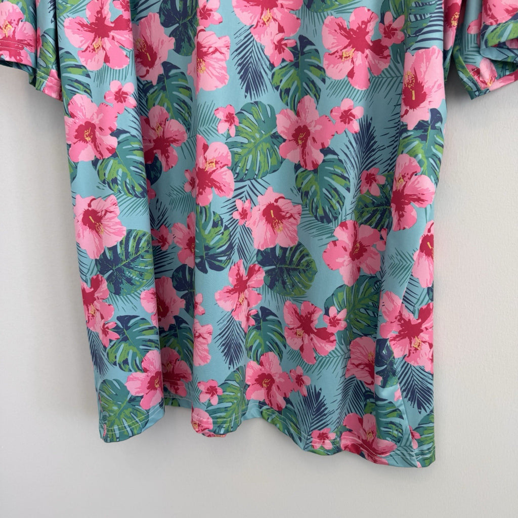 Proud Ninety Floral Golf Polo Shirt Men's Size 3XL Tropical Hibiscus Teal