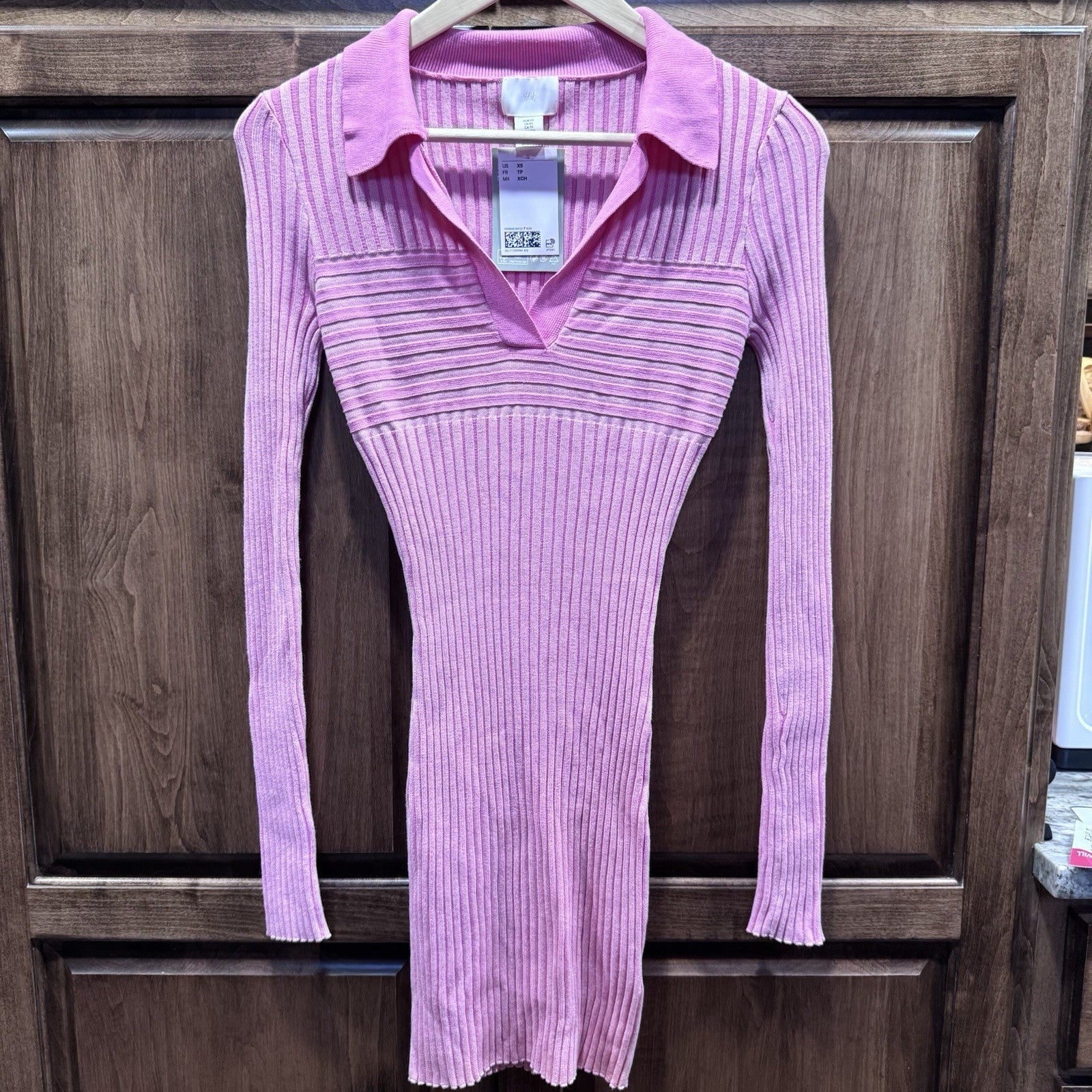 H&M XS Pink Ribbed Sweater Dress Collared Long Sleeve Bodycon LivaEco NWT 