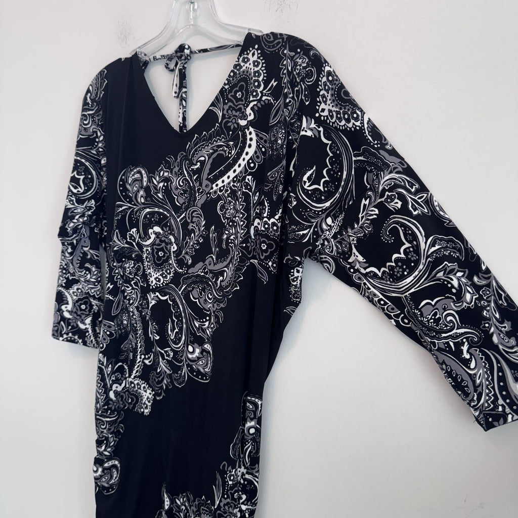 White House Black Market Dress Size S Black Paisley Ruched Sheath Midi Stretch