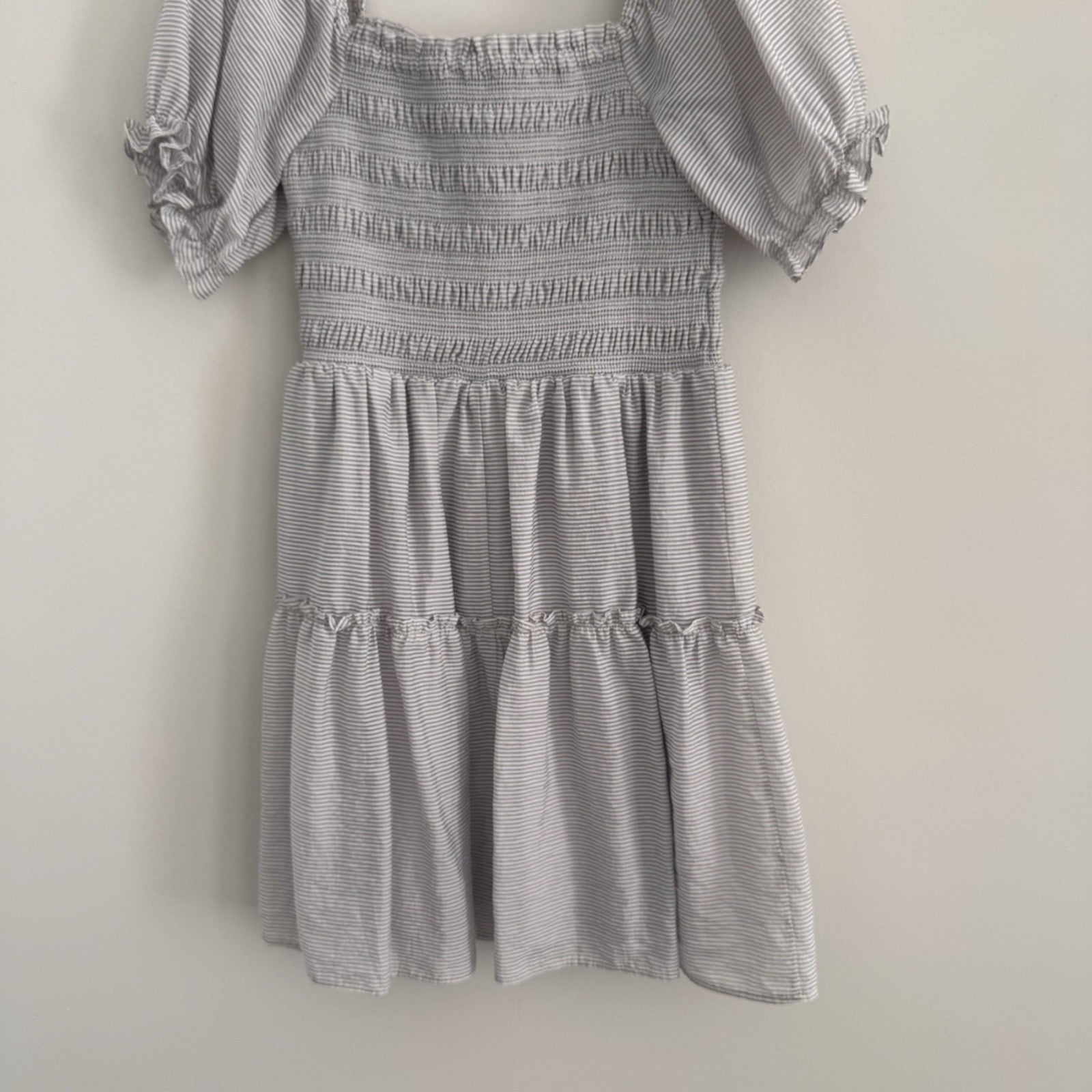 She + Sky Striped Smocked Mini Dress Women's Size M Puff Sleeve Tiered Boho