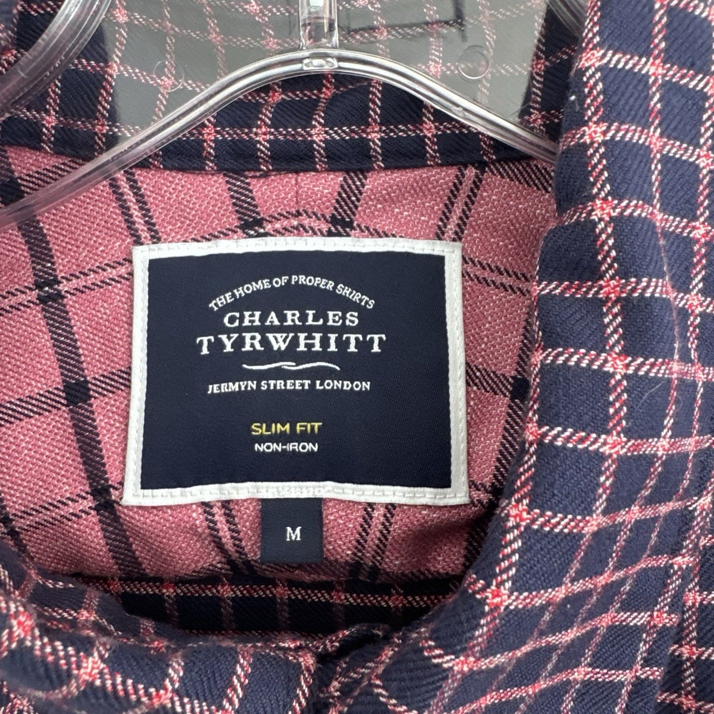 Charles Tyrwhitt Slim Fit Non-Iron Shirt Mens M Blue Pink Check Cotton 